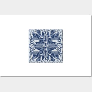 Symmetrical Blue and White Leaves Design Posters and Art